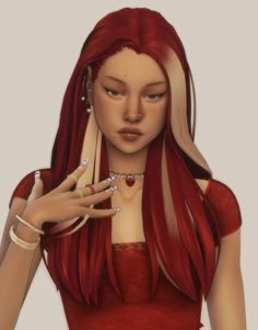 a woman with long red hair is holding her hand up to her face and wearing jewelry