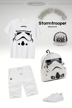 A Stormtrooper men's outfit featuring a Star Wars Stormtrooper t-shirt, white stretch waist casual shorts, white HOKA ONE ONE sneakers, and a Disney Star Wars embroidered baseball hat with a Stormtrooper logo. Disneybounding Ideas, Storm Troopers, Star Wars Outfits, Outfit Inspired