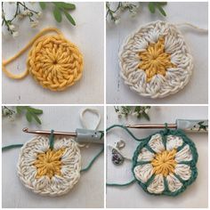 four pictures showing the same crochet pattern as they are being worked on