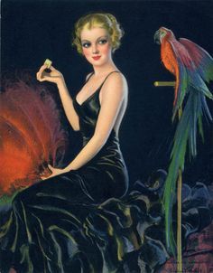 a painting of a woman in a black dress with two parrots on her shoulder