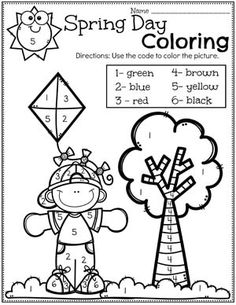 a coloring page for spring with a boy holding a kite and a tree in the background