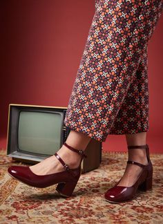 Rouen Patent Leather Mary Jane Shoes | Vintage-Inspired Burgundy Square Toe Babies | Joanie Patent Leather Mary Jane Shoes, Red Mary Jane Shoes, Square Toe Mary Jane, Leather Mary Jane Shoes, Feminine Shoes, 1990s Fashion, Patent Shoes, Floral Shirt Dress, 1980s Fashion