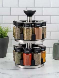 a spice rack with spices and seasonings in it