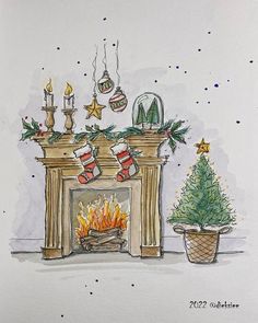 a drawing of a fireplace with stockings and christmas decorations on it, next to a potted tree