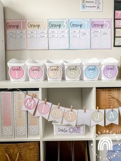 a shelf filled with lots of personalized items on top of eachother's name