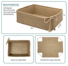 the instructions for how to make an easy storage basket with handles and ties on each side