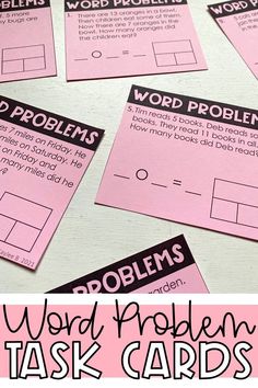 the word problem task cards are shown with pink paper and black writing on them,