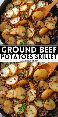 ground beef and potatoes skillet is shown in two different pans with the same topping