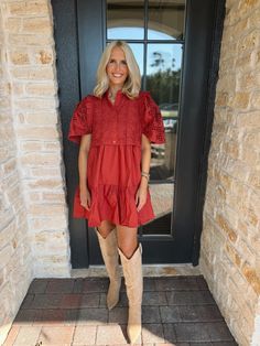 Introducing our Adorable Rust Eyelet Dress - the perfect outfit for any fall event or function! This dress features functioning buttons down the front for easy wear and a versatile style that can be dressed up or down. Crafted from a beautiful rust eyelet fabric, this dress is both stylish and comfortable. Get yours today! Model is 5'7" with a 34" bust, 27" waist, and 34" hips wearing a small. Fall Events, Eyelet Fabric, Eyelet Dress, New Arrival Dress, Versatile Style, Holiday Collection, Easy Wear, Perfect Outfit, Shoe Collection