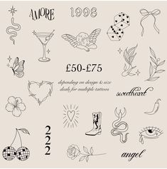 an image of different tattoo designs on the back of a sheet of paper with words and symbols