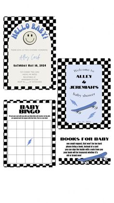 Baby shower invitation, welcome sign, bingo sheet, books for baby checkered retro theme for boy Checkered Baby Shower Ideas, Bingo Sheets, Nursery Boy, Western Babies, Baby Bingo, Books For Baby, Boy Baby Shower Themes, Gold Baby Showers, Retro Theme