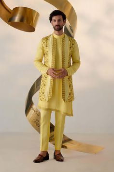 Jatin Malik-Yellow Shrug And Kurta Set-INDIASPOPUP.COM Yellow Shrug, Jatin Malik, Floral Hand Embroidery, Blouse Yoke, Dhoti Pants, Indian Man, Bridal Sarees, Tapered Trousers, Indian Wedding Outfits