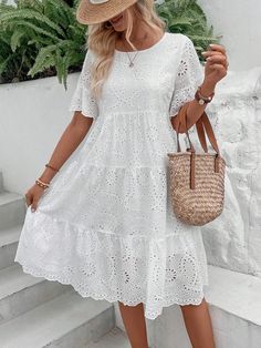 White Boho Collar Short Sleeve Fabric Plain Smock Embellished Slight Stretch  Women Clothing White Dresses For Women Shein, White Embroidered Dress Boho, Bohemian Embroidered Dress, Casual Short Sleeve Dress, Boho Patterns, Ruffle Hem Dress, Flounce Sleeve, White Eyelet, Hem Dress