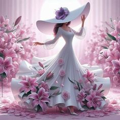 a woman in a white dress and hat surrounded by pink flowers