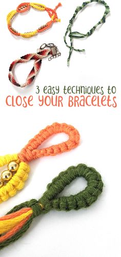 the instructions for how to make bracelets with rope and beads are shown in three different colors