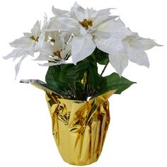 a gold vase with white flowers in it