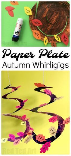 the paper plate autumn whirrigigs are made with construction paper and glue