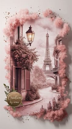 the eiffel tower in paris is surrounded by pink clouds and trees, with a lantern