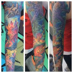 three different views of the same tattoo on someone's arm