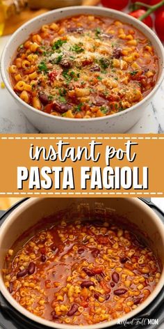 instant pot pasta fagioli in a white casserole dish with text overlay