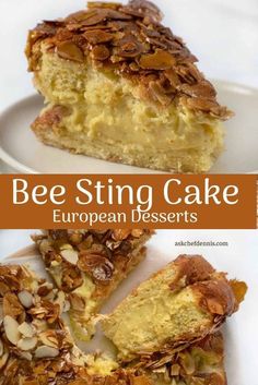 a slice of bee sting cake on a white plate