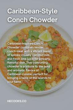 Caribbean-Inspired Conch Chowder combines tender conch meat with a vibrant blend of spices, creamy coconut milk, and fresh lime juice for a hearty, flavorful dish. This comforting chowder is a tribute to the bold and aromatic flavors of Caribbean cuisine, perfect for bringing a taste of the islands to your table.