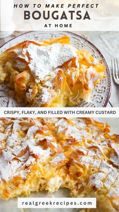 crispy, flaky Greek bougatsa with filo pastry and filling of custard cream Phyllo Recipes, Greek Pastries, Filo Pastry, Puff Recipe, Breakfast Sweets, Cream Puff, Pastry Sheets, Greek Food, Pastry Recipes