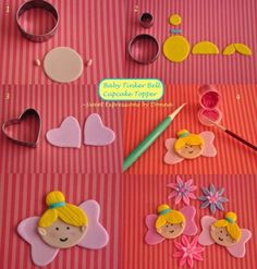 Easy tinkerbell cupcake topper Tinkerbell Cake Topper, Dora Cake, Cake Design Tutorial, Princess Cookies, Tinkerbell Party, Fondant Animals, Cake Topper Tutorial, Cartoon Cake