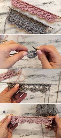 four pictures showing how to crochet the chain for an afghan or shawl