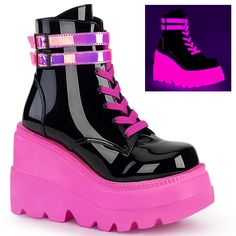 Demonia Shaker, Pink Wedges, Catty Noir, Light Up Shoes, Thigh High Stockings, Lingerie Accessories, Platform Ankle Boots, Lace Up Ankle Boots, Black And Pink