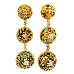 --Stone(s):-- (10) Natural Genuine Diamonds - Multiple Shapes, Rose & Portrait Cut - Prong Set  Material: Solid 14-18k Yellow Gold w/ Blue & Black Enamel Work Weight: 18.40 Grams Width: 14.5mm (0.57") (widest area at the dangle) - 11mm (0.43")(at the top portion) Overall Height: 47.4mm (1.8")  Thickness: 7.1mm projection off the ear (top portion), 15.6mm (at the dangle) Backing: Posts w/ Butterfly Closures Condition: Vintage. Shows some light wear. Original finish & patina preserved. Excellent c Yellow Gold Enamel Dangle Earrings, Yellow Gold Enamel Dangle Jewelry, Meenakari Enamel Jewelry, Yellow Gold Enamel Jewelry, Elegant Enamel Jewelry With Meenakari, Pierced Enamel Earrings For Anniversary, Round Jeweled Enamel Jewelry, Formal Filigree Jewelry In Enamel, Pierced Enamel Drop Earrings