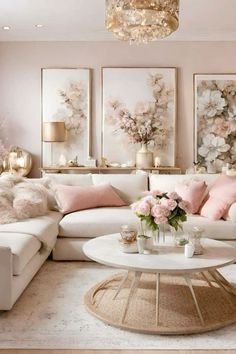 a living room filled with lots of furniture and flowers on the wall above it's coffee table