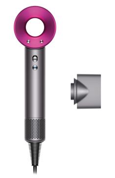 What it is: The Dyson Supersonic Hair Dryer is engineered to protect hair from extreme heat damage for fast drying and precision styling.Features and benefits:- Intelligent heat control: measures air temperature over 40 times a second and regulates heat to prevent extreme heat damage and helping to protect hair's shine.- Fast-drying through a small, powerful Dyson digital motor V9 combined with Air Multiplier technology, which produces a high-pressure, high-velocity jet of controlled air for fas Dyson Blow Dryer, Supersonic Hair Dryer, Dyson Hair Dryer, Dyson Supersonic, Different Hair Types, Heat Damage, Hair Shine, Extreme Heat, Blow Dryer