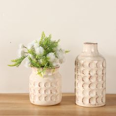 two vases with plants in them sitting on a wooden table next to each other