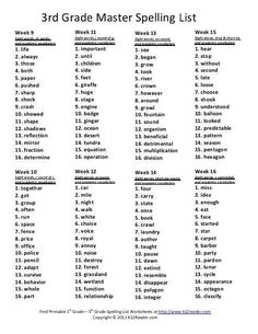 the 3rd grade spelling list is shown in black and white