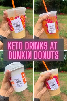 a person holding up a plastic cup with a straw in it that says keto drinks at dunkin donuts