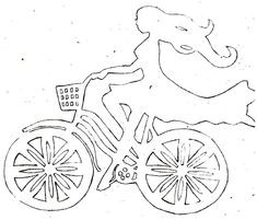 a black and white drawing of a person riding a bike