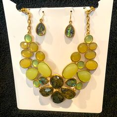 Green Necklace And Earring Set Yellow Costume Jewelry For Parties, Yellow Dangle Jewelry With Matching Earrings, Green Teardrop Necklace With Matching Earrings, Yellow Necklace, Necklace And Earring Set, Green Necklace, Necklace And Earrings, Earrings Color, Jewelry Necklace