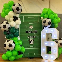 balloons and soccer balls are arranged in the shape of numbers 6, 8, 9