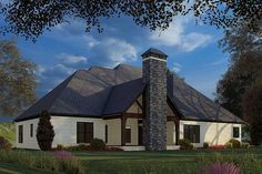 this is an artist's rendering of a house in the country style with stone chimney