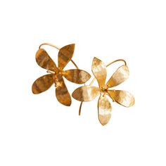 The elegant Amani earrings are beautifully crafted in a flower cut with a gorgeous gold plating finish.  Style Tip: Pair these with a solid black top and jeans for a night out or dress it up for a wedding with any solid colored dress! Material: Brass metal, 21 karat gold plated with lacquer coating No stopper required.  Our jewelry is handmade. Please note while pieces may be adjustable they are delicate in nature and must be adjusted gently. Gold Flower Earrings For Spring Party, Chic Gold Flower Earrings For Party, Chic Gold Drop Earrings With Flower Design, Gold Flower-shaped Earrings For Festive Occasions, Chic Gold Flower Drop Earrings, Gold Flower Earrings For Party, Chic Gold Flower Earrings For Wedding, Chic Gold Metal Flower Earrings, Gold Earrings For Spring Party