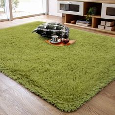 a living room area with a rug, coffee cup and pillow on the floor