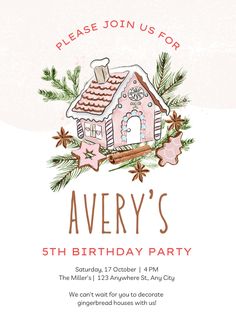 a birthday party card with a house and fir branches on the front, which reads, please join us for avery's 5th birthday party