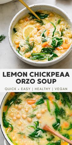 lemon chickpea orzo soup in a white bowl