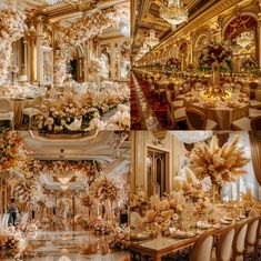 an elaborately decorated dining room with chandeliers and tables