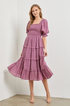 PolagramClassy casual tiered midi dress with square neckline and smocked bodice. Lovely textured fabric. Skirt Lined. Romantic, vintage, cottage core, prairie vibes. Color: Blueberry LavenderSizes: S-M-L Bust 34-36-38, Length 45Our model is wearing small 100% Polyester, Lining 100% Polyester, hand wash cold or dry clean, importedC2/PSD4155-C Cottagecore Midi Dress With Smocked Bodice, Cottagecore Midi Dress With Ruffles And Square Neck, Casual Midi-length Peasant Dress With Smocked Back, Spring Midi-length Peasant Dress With Smocked Back, Fitted Prairie Dress With Smocked Bodice, Midi Length, Spring Cotton Prairie Dress, Midi Length, Wholesale Clothing Vendors, Lounge Wear Sets, Loose Midi Dress