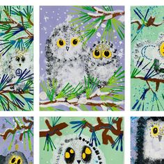 four pictures of owls sitting on branches with snow and pine needles in the foreground