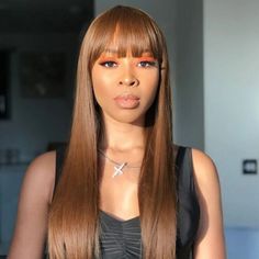 Long Straight Honey Brown Synthetic Wig With Bangs For Women Dress Party Cosplay Job Interview Hairstyles, Interview Hairstyles, Bang Wig, Straight Lace Front Wig, Air Bangs, Chocolate Brown Hair Color, Wig Color, Wig Human Hair, Straight Lace Front Wigs