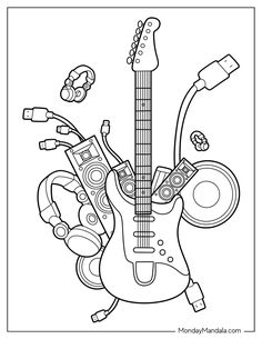 an electric guitar with headphones and speakers on it, in the shape of a cartoon character