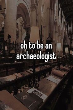 the words oh to be an archaeologist are displayed in front of rows of tables